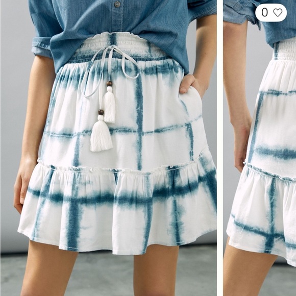 Anthropologie PILCRO Tie Dye Mini Skirt Blue White Tie Waist Tiered Sz S - Picture 14 of 15